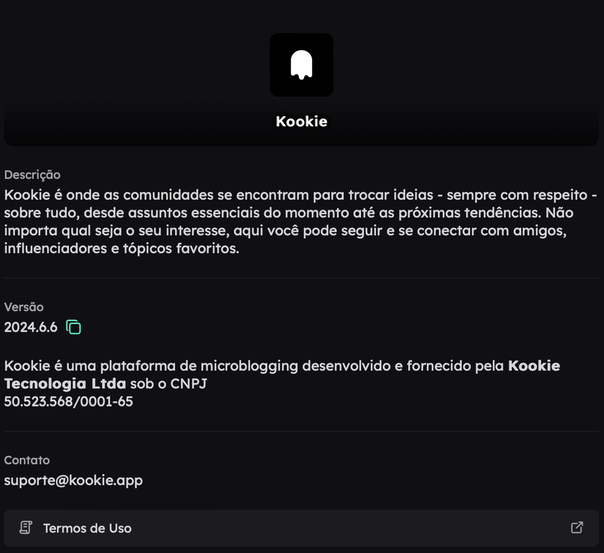 uma screenshot da página 'sobre' do kookie no momento dessa publicação, indicando que o website é fornecido por uma empresa chamada Kookie Tecnologia Ltda.