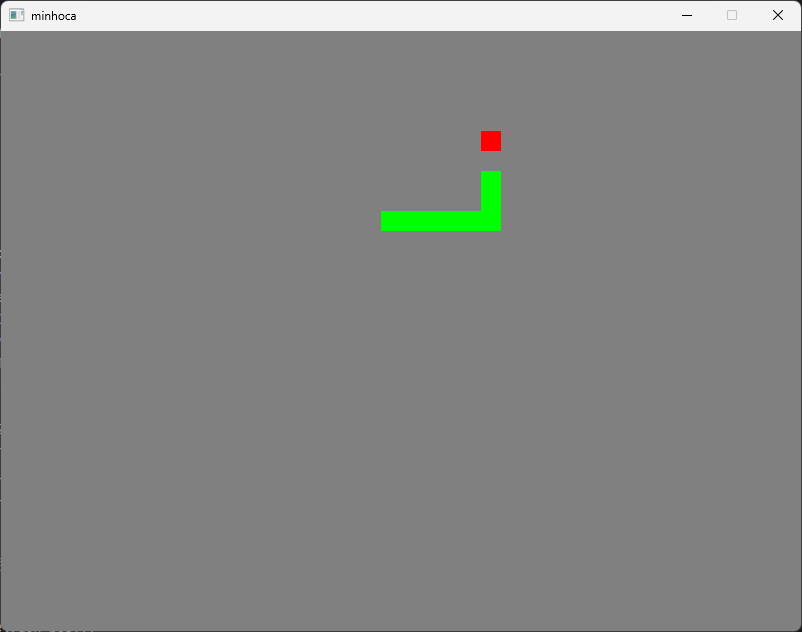 captura de tela do jogo: alguns quadrados verdes na horizontal curvando-se em direção a um quadrado vermelho. representam a cobrinha indo à comidinha.